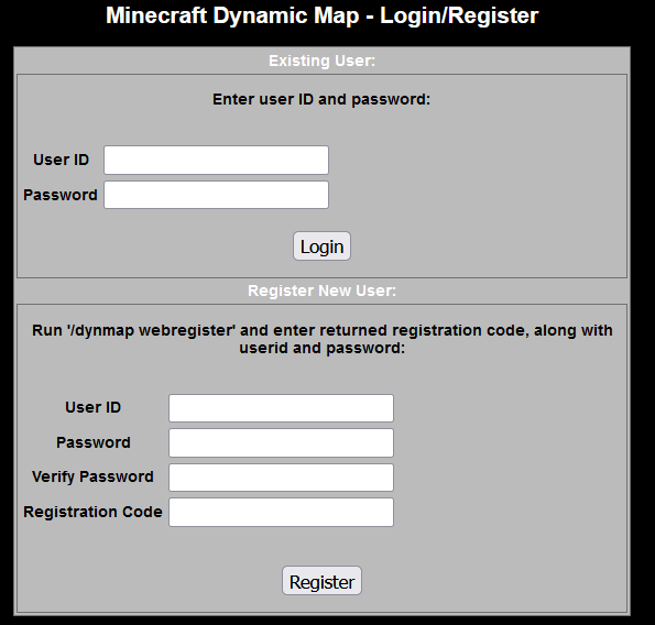 Login/Register page for DynMap